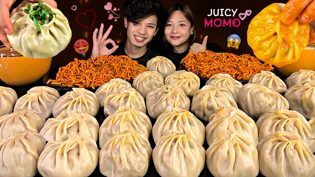 BIG JUICY BUFF MOMO CHALLENGE WITH DEEP😱🔥2X SPICY CURRENT NOODLES & SPICY ACHAR | COUPLE MUKBANG