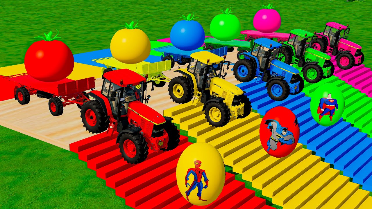 JOHN DERRE vs DEUTZ FAHR vs LAMBORGHINI vs CLAAS TRACTORS BATTLE WITH TOMATOS - Farming Simulator 22