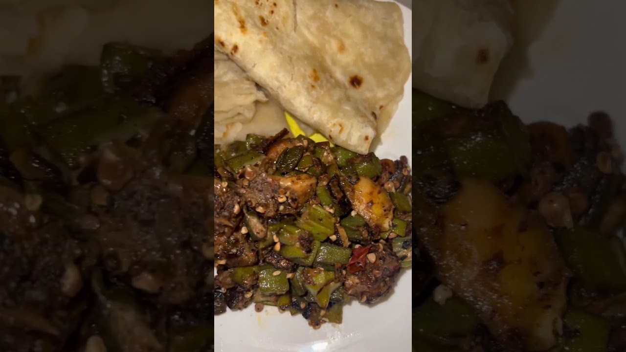 Fried ochro with chicken and hot oil roti 