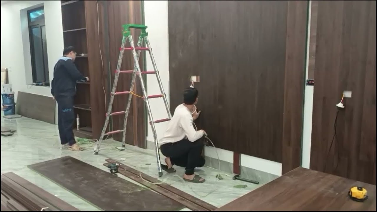 Modern TV Wall Installation Wood Slats & Stone Cladding Process