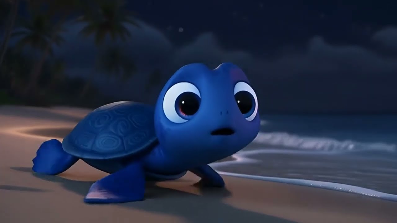 Baby blue turtle first journey in sea