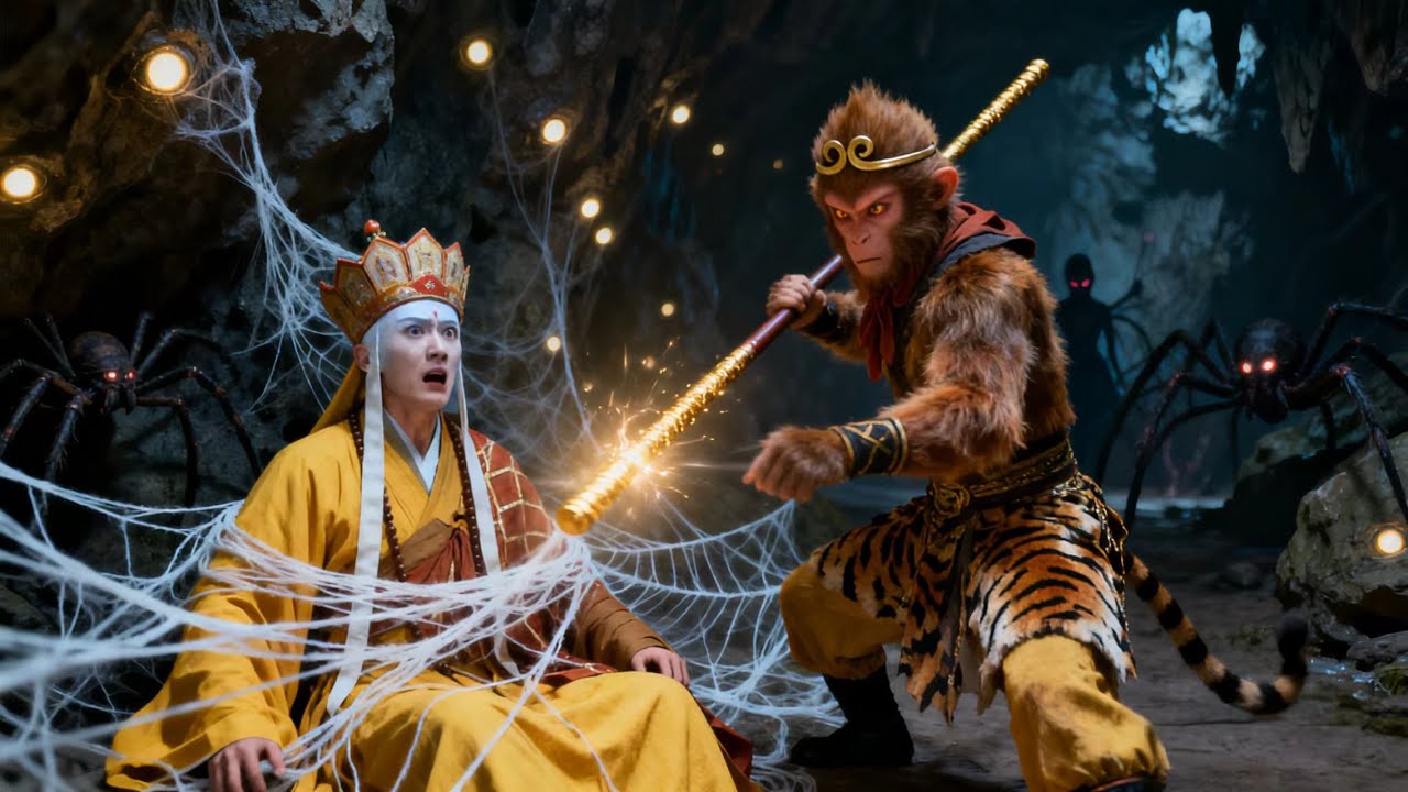 Tang Monk mistakenly entered the Spider Cave, and Sun Wukong came to rescue him