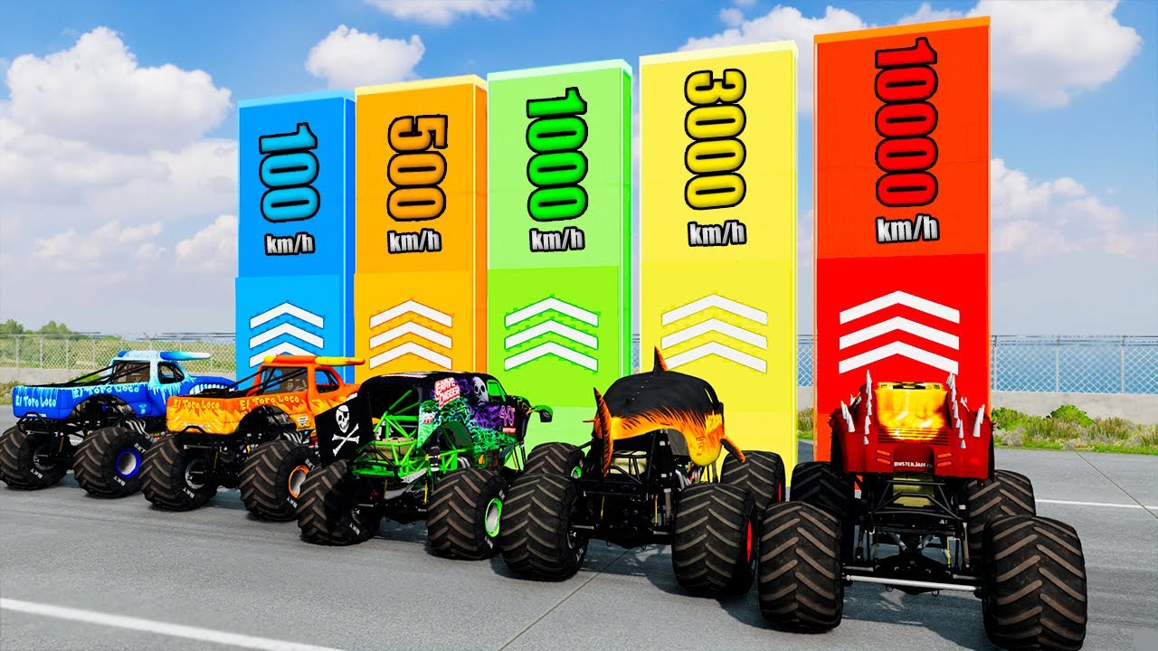 EPIC Monster Truck SPEED ​​Boost (300, 600, 1000, 3000, 6000 km/h) - BeamNG Monster Truck Crashes