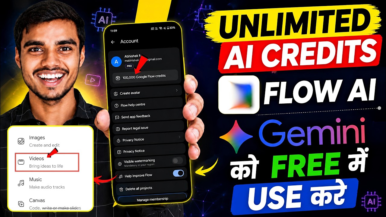 ( Unlimited credits ) Google flow ai free me kaise use Kare | Gemini me video ka option kaise laye