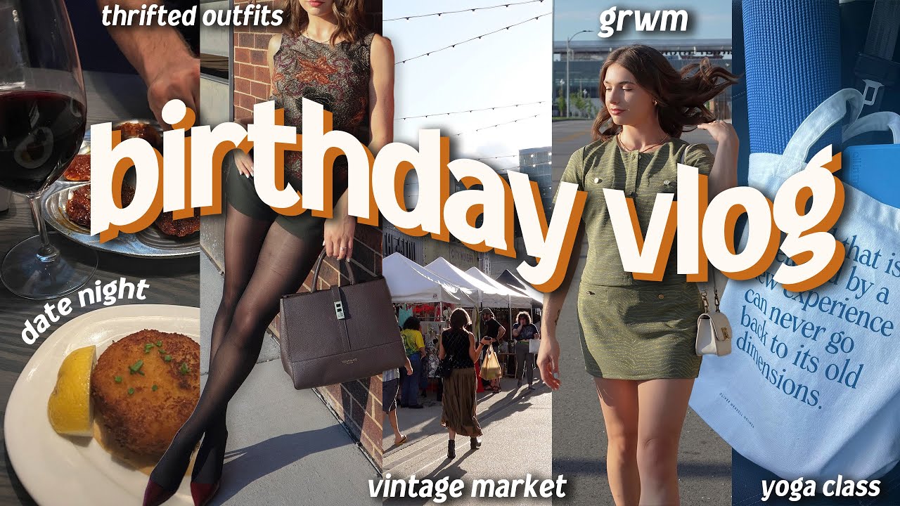 vintage shopping for my b-day dress + birthday vlog!! (thrifted outfits, vintage market & grwm)