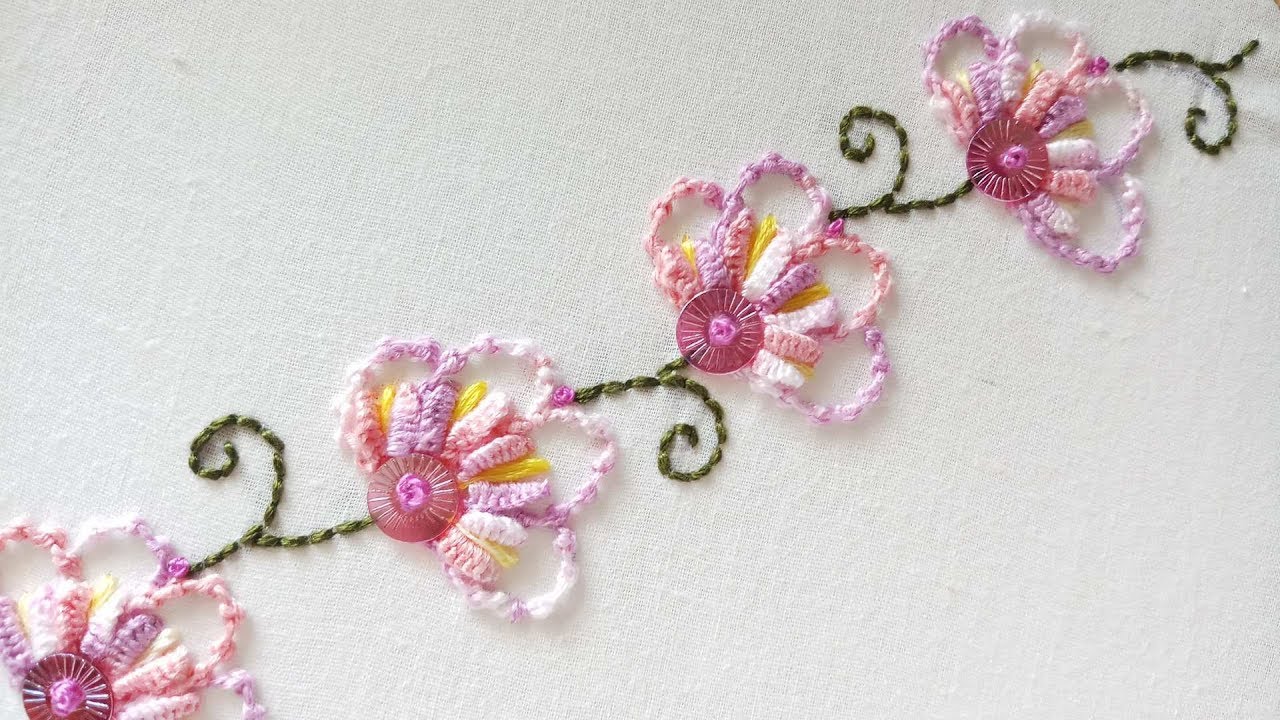 Hand embroidery of a flower border with Palestrina stitch and Cast on stitch