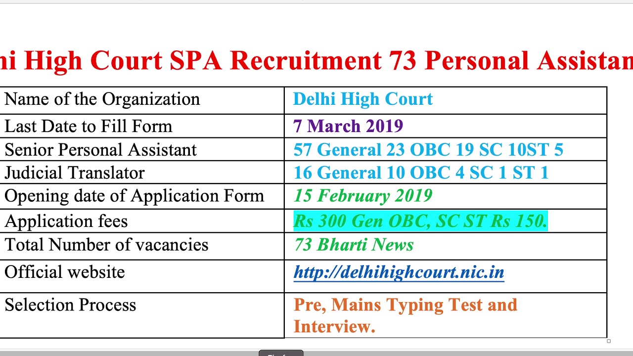 Delhi High Court SPA Recruitment 2019 73 Senior Personal Assistant