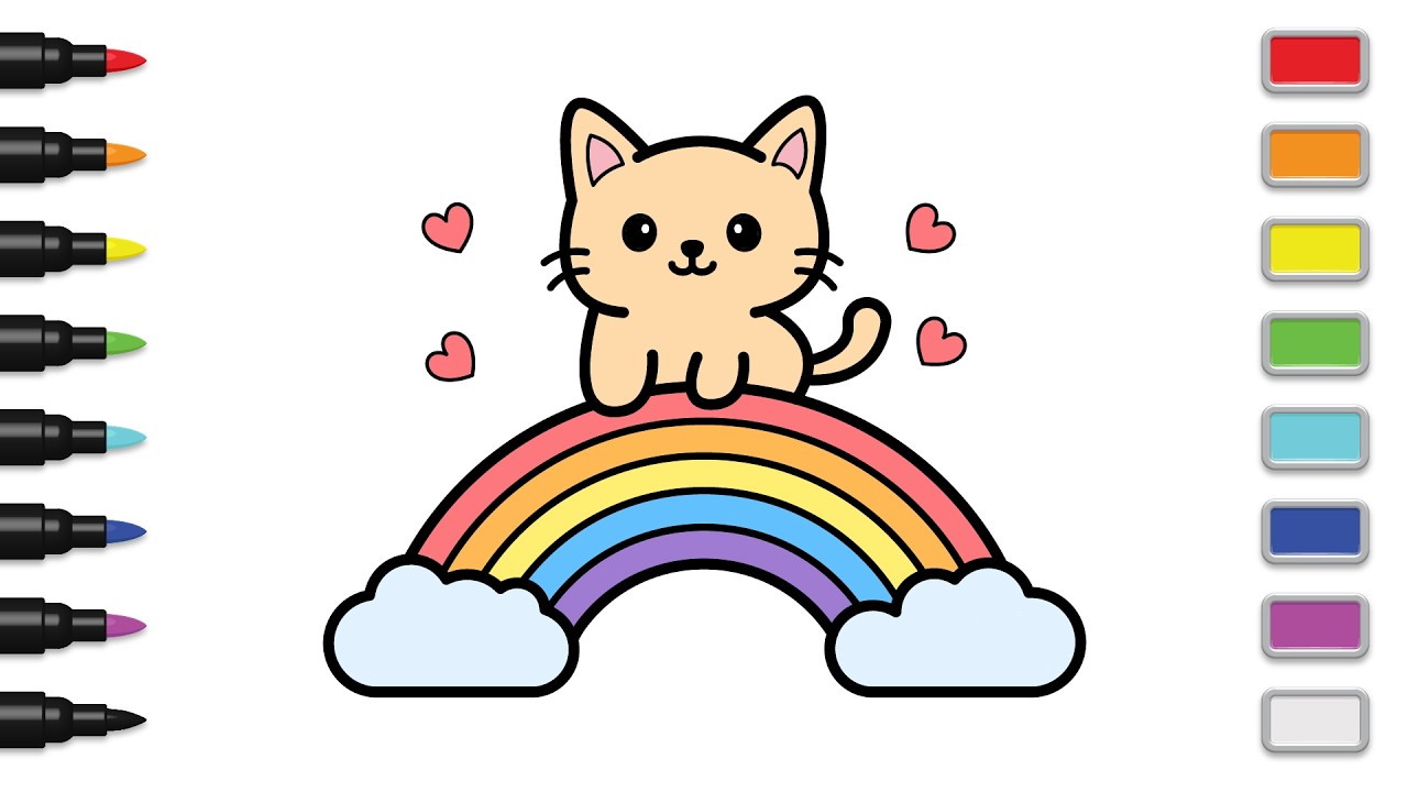 How to Draw a Cute Cat Sitting on a Rainbow | Easy Drawing and Coloring for Kids
