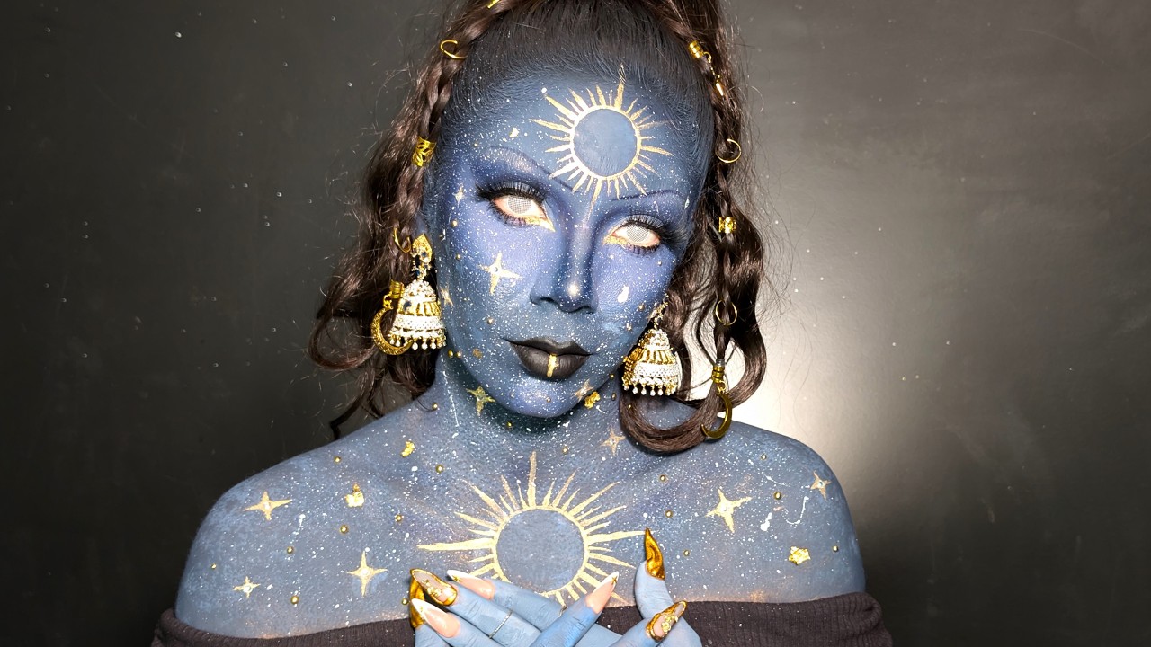 Celestial Goddess Makeup Tutorial 🌙✨ Gold & Galaxy Body Paint Transformation