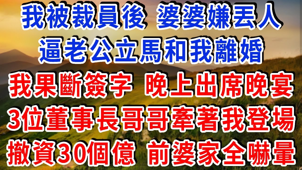 我被裁員後 婆婆嫌丟人，逼老公立馬和我離婚，我果斷簽字 晚上出席豪門晚宴，3位董事長哥哥牽著我登場，當場宣佈撤資30個億，前夫婆家全嚇暈！#雅婷講故事#為人處世#生活經驗#情感故事#晚年哲理#說故事
