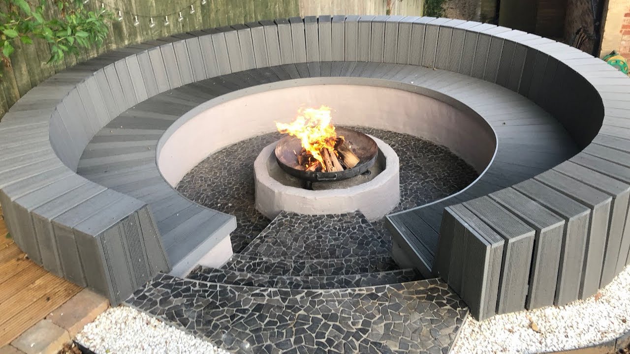 Circular seating and fire pit construction with block & composite - Step by Step