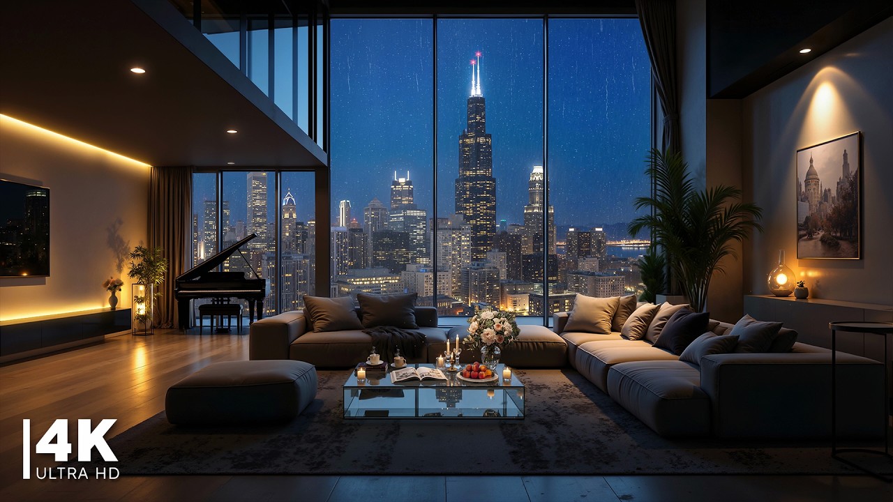 Relaxing Chicago Night Jazz in Luxury Apartment Ambience | Smooth Jazz & Rain Sounds for Good Mood