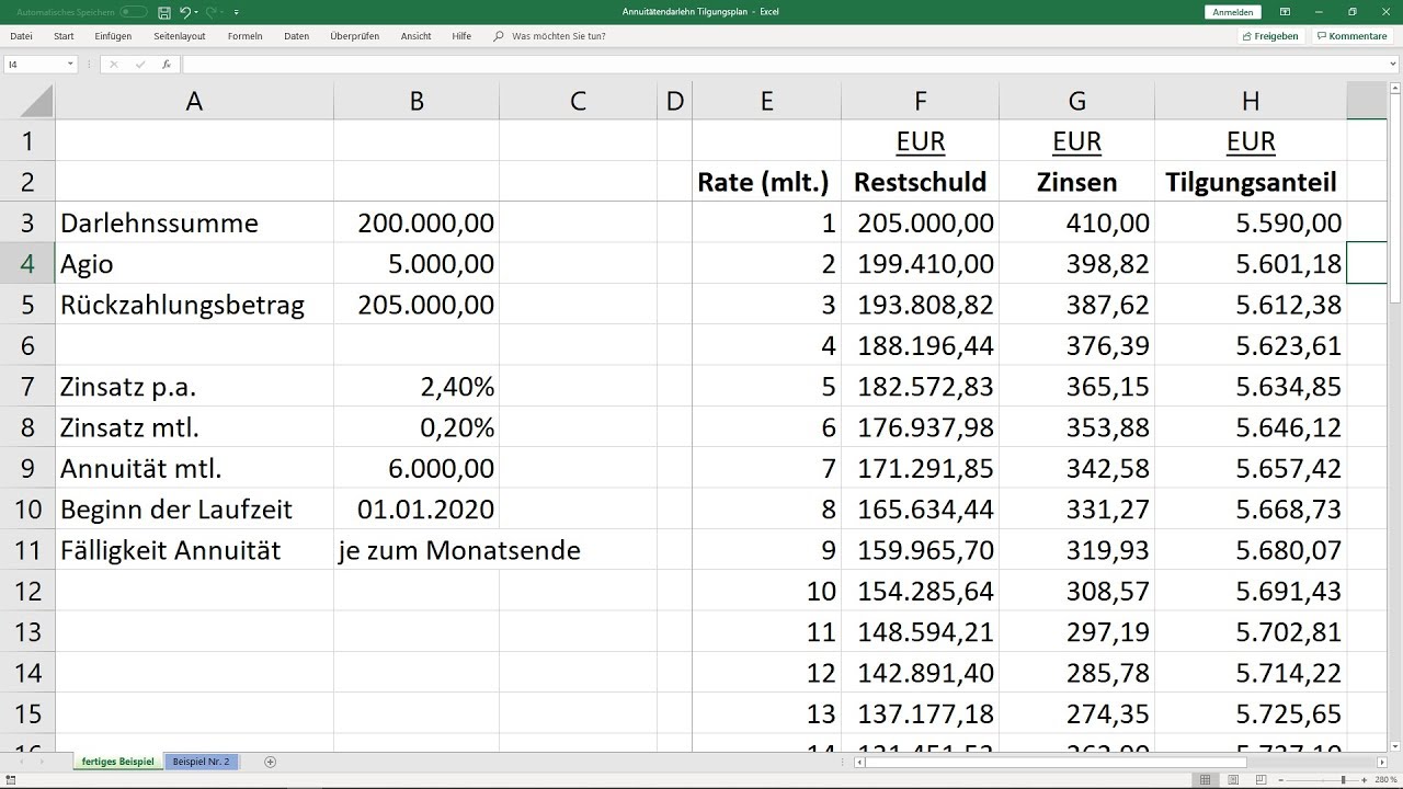 Tilgungsplan für Annuitätendarlehen berechnen - Vorlage [Excel, Beispiel, Erklärung, Darlehen]