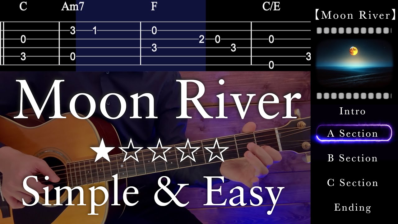 Moon River【TAB】Easy Solo Guitar & Lyrics🔹