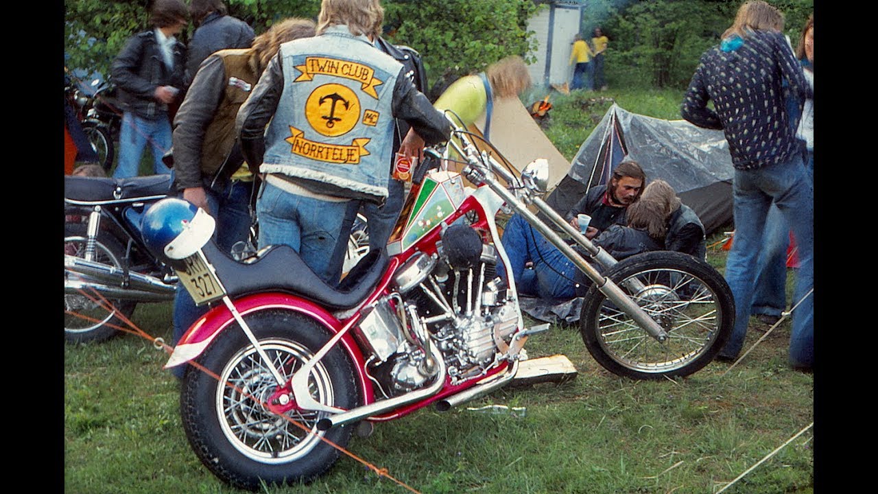 Choppers at Custom bike show  -74 Sweden - Camping area