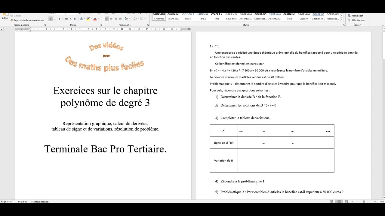 exercices polynôme de degré 3 - terminale bac pro tertiaire