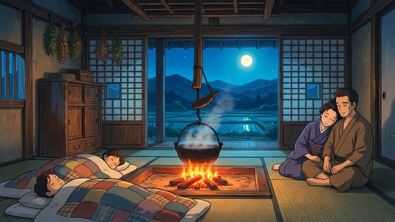 Moonlit Night by the Hearth in a Quiet Japanese Farmhouse | Ghibli-Style ASMR