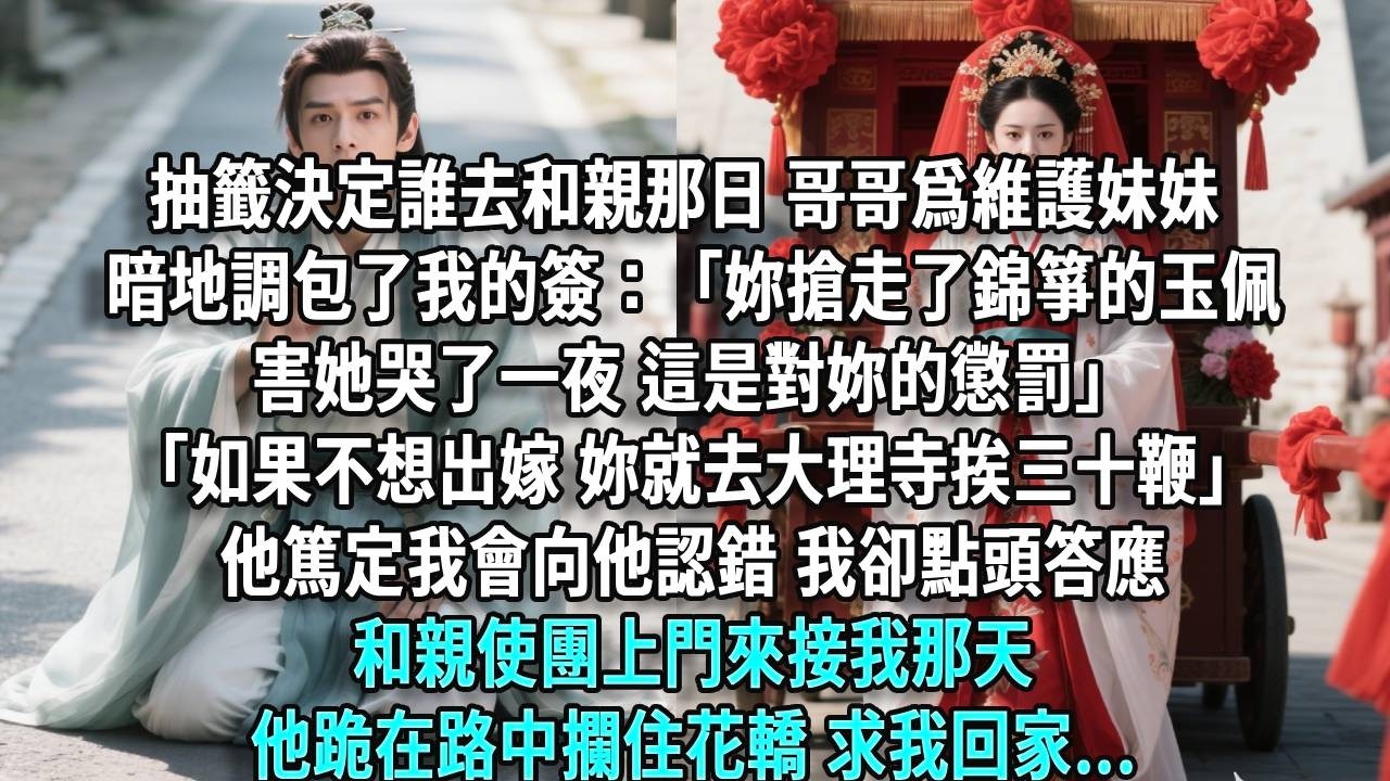 抽籤決定誰去和親那日，哥哥為維護妹妹，暗地調包了我的簽：「你搶走了錦箏的玉佩害她哭了一夜，這是對你的懲罰。」「如果不想出嫁，你就去大理寺挨三十鞭。」他篤定我會向他認錯，我卻點頭答應。和親使團上門來接我