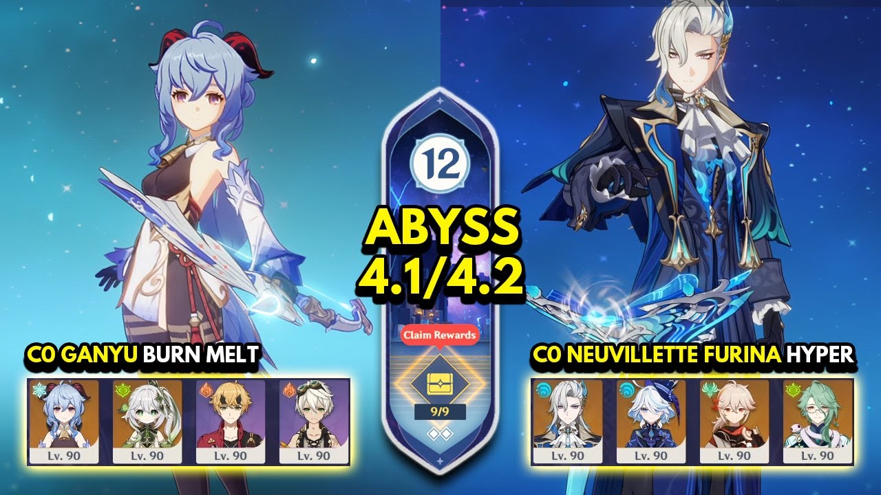 C0 Ganyu Burn Melt & C0 Neuvillette x Furina Hyper | Spiral Abyss 4.1/4.2 Floor 12 9 Stars