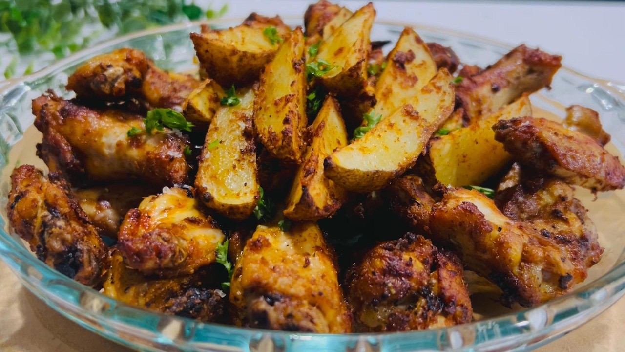 Chicken wings and Potato wedges with parmesan. Easy dinner recipe