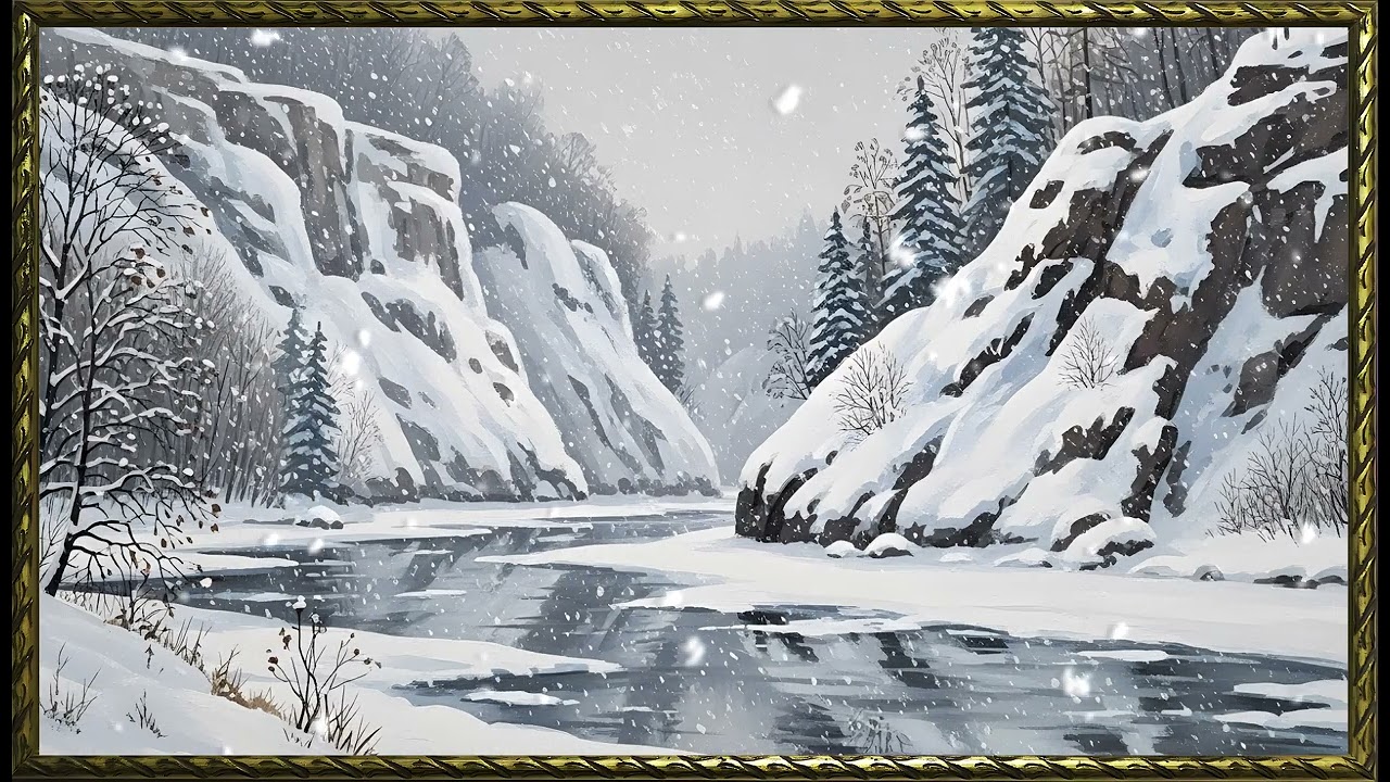 Snowbound Mountain Whisper Painting | Gold Frame TV Art | Art Screensaver for TV | Wall Art
