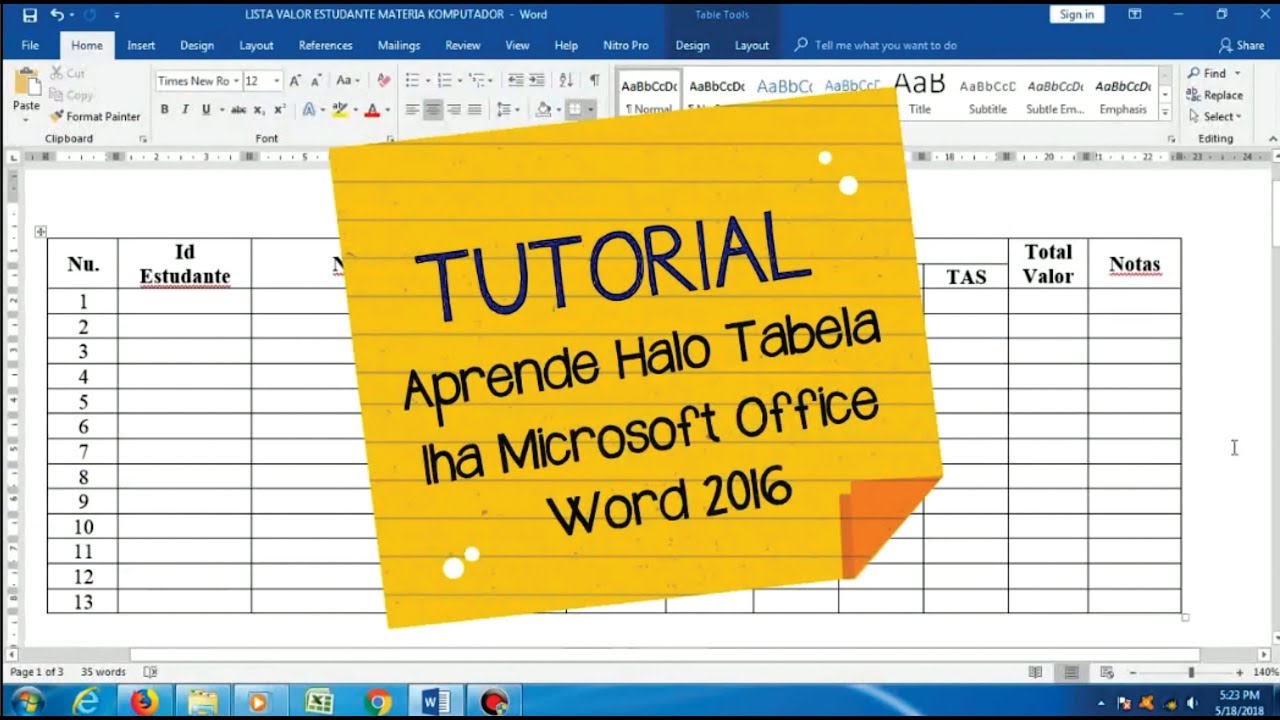[Aprende Ms. Office]: Halo Tabela iha Microsoft Word 2016