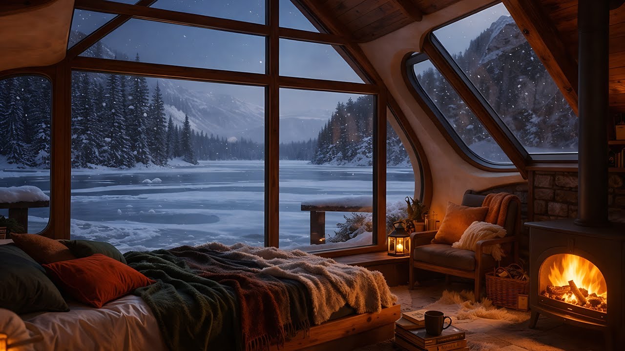Cozy Winter Night by the Lake ❄️ Fireplace & Snowfall Ambience