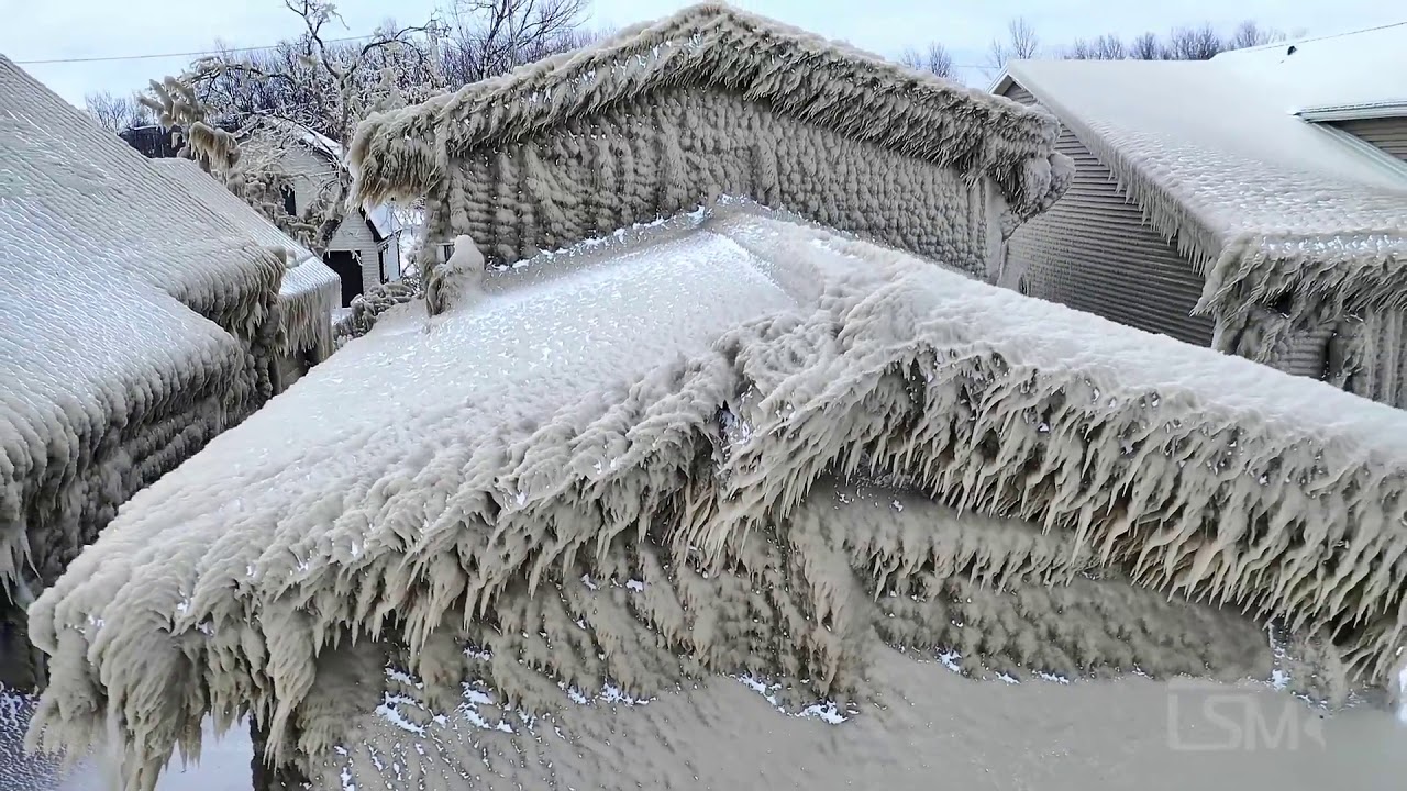 2-29-2020 Hamburg, NY aerial footage of Ice encased houses along Hoover Beach