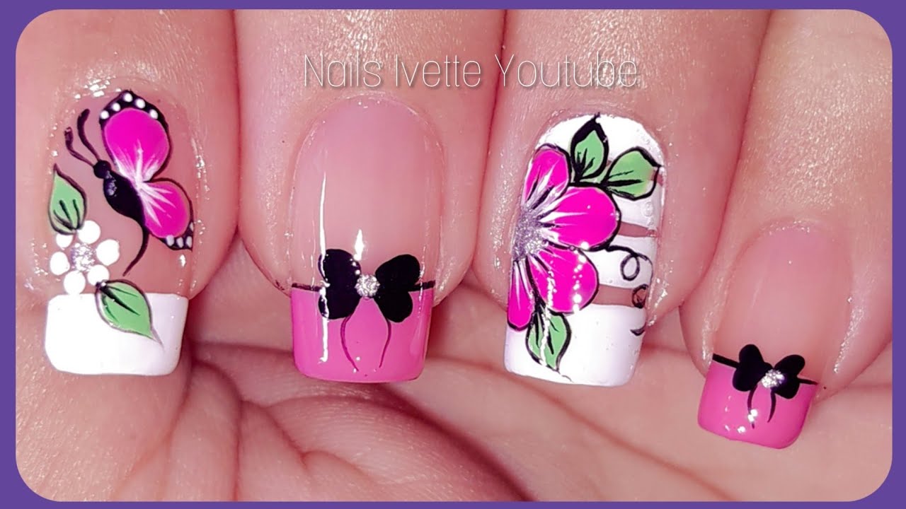 Decoración de uñas básico y clásico con flores y mariposa, en tonos Rosa y blanco
