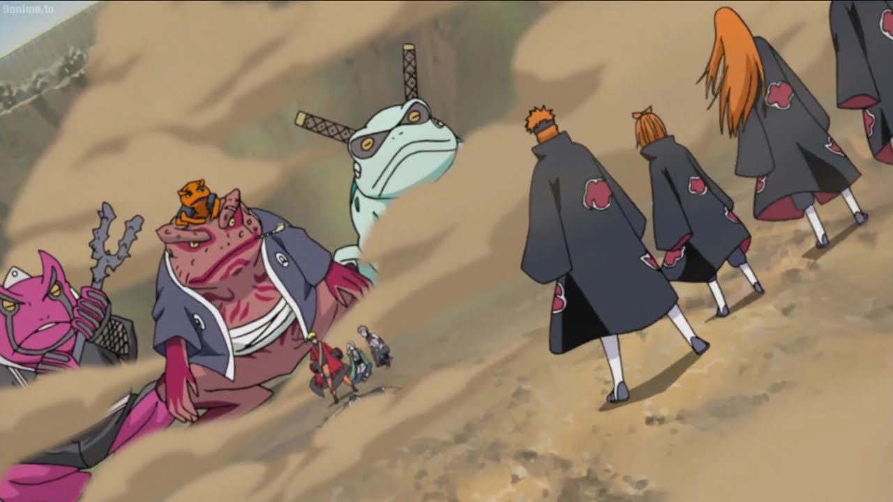 Naruto in Sage Mode teams up with Gamabunta, Gamaken, and Gamahiro to confront Pain remaining bodies
