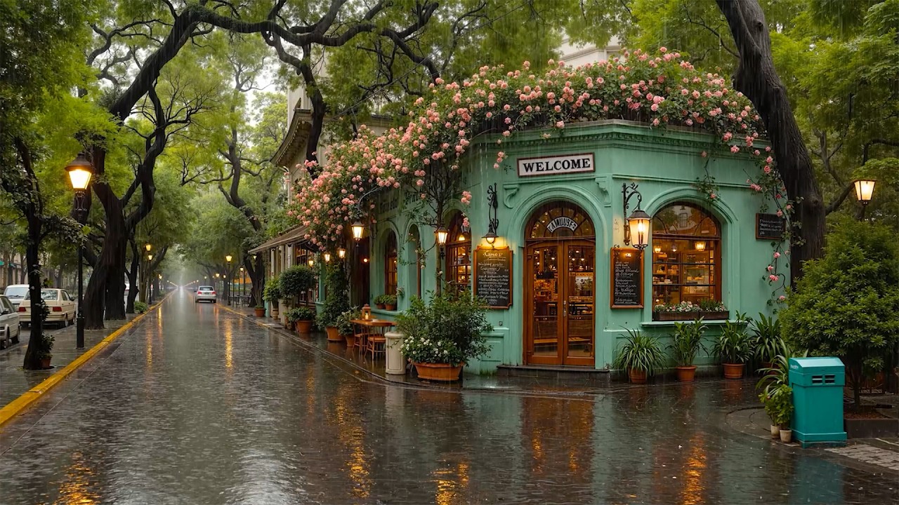 Rainy Spring Green Caf&eacute; on a Quiet European Street 🌧️ Cozy Jazz & Rain Sounds for Deep Focus & Relax