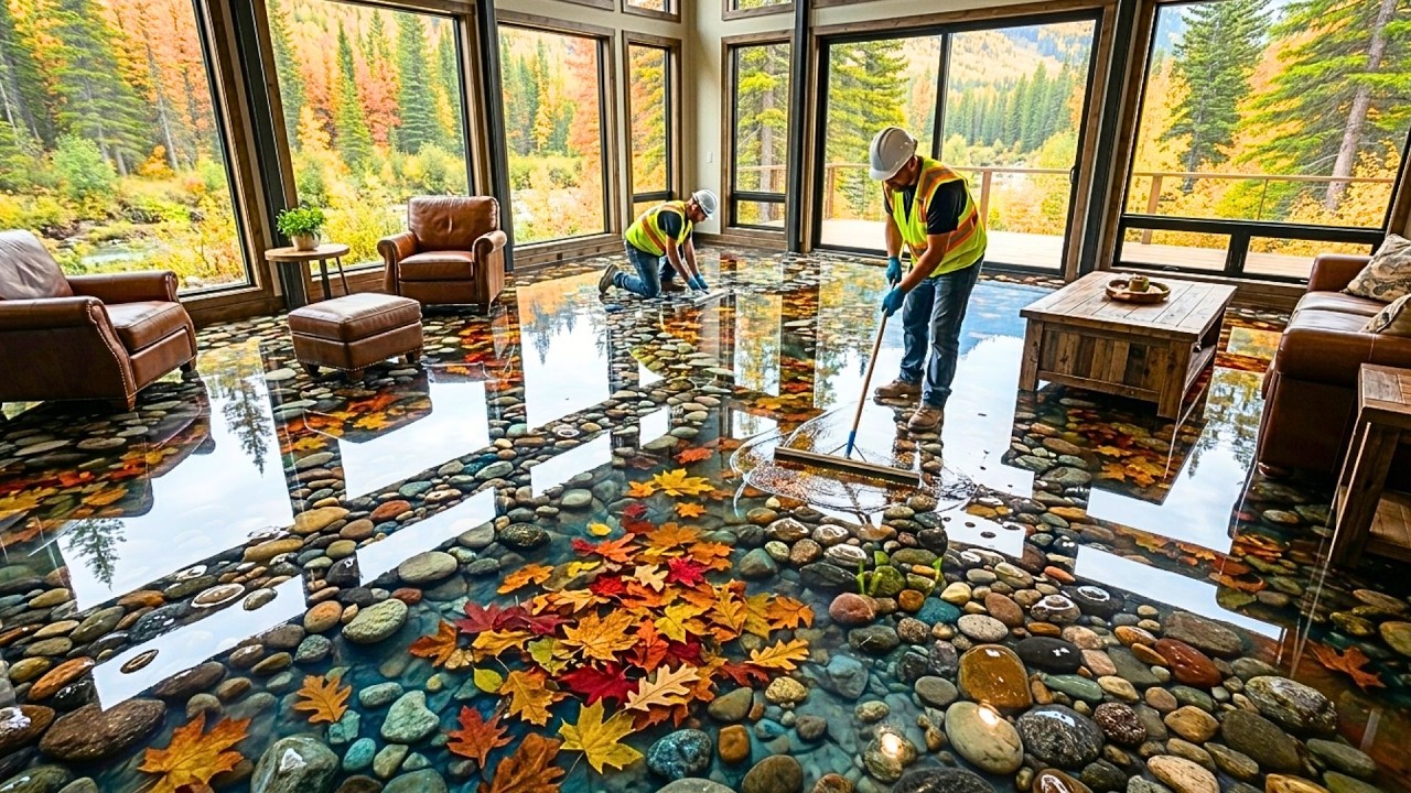 Top 8 Serene Woodland River Epoxy Floors Featuring Transparent Pours with Sunken Autumn Leaves