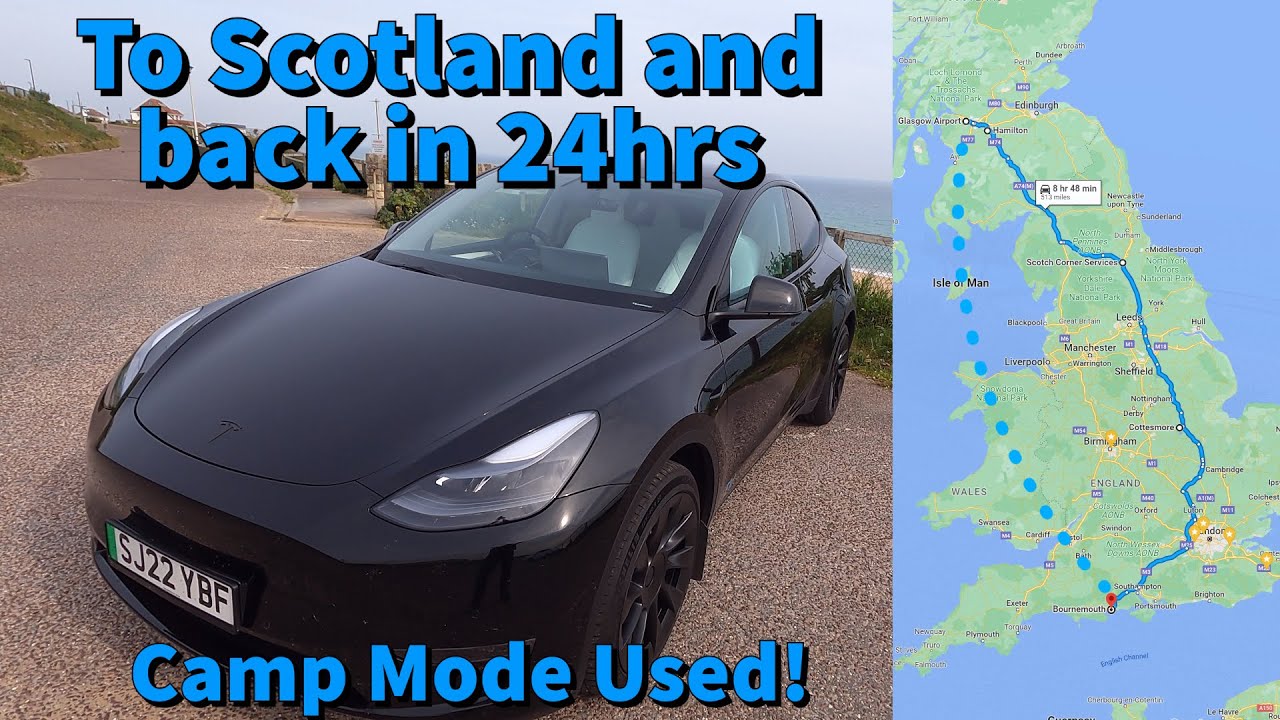 Tesla Model Y from Scotland overnight incl sleeping in car with camping mode!  +detour for Drag Race