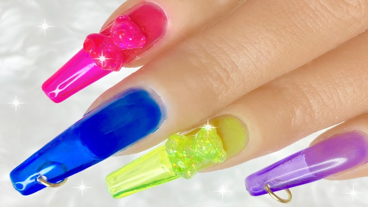 🧸 Glitter Gummy Bear Jelly Gel Press-On Nail Design W/ Piercing | Nail Art Tutorial 🧸