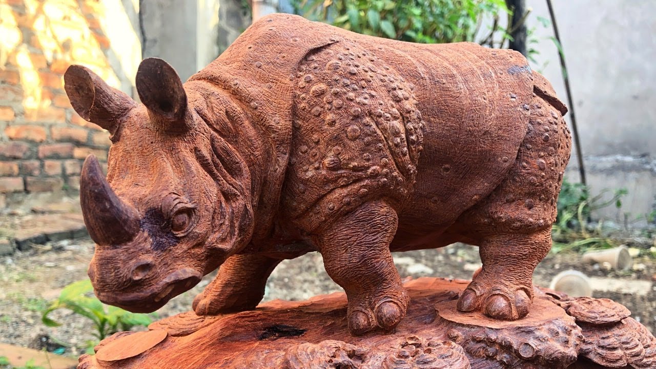 Wood Carving Rhino With Good Armor - Wood Carving Animals