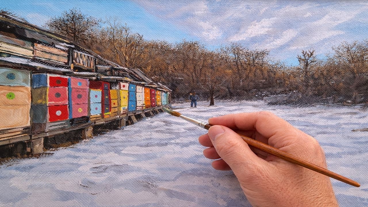 The apiary in winter | Relaxing Acrylic Painting