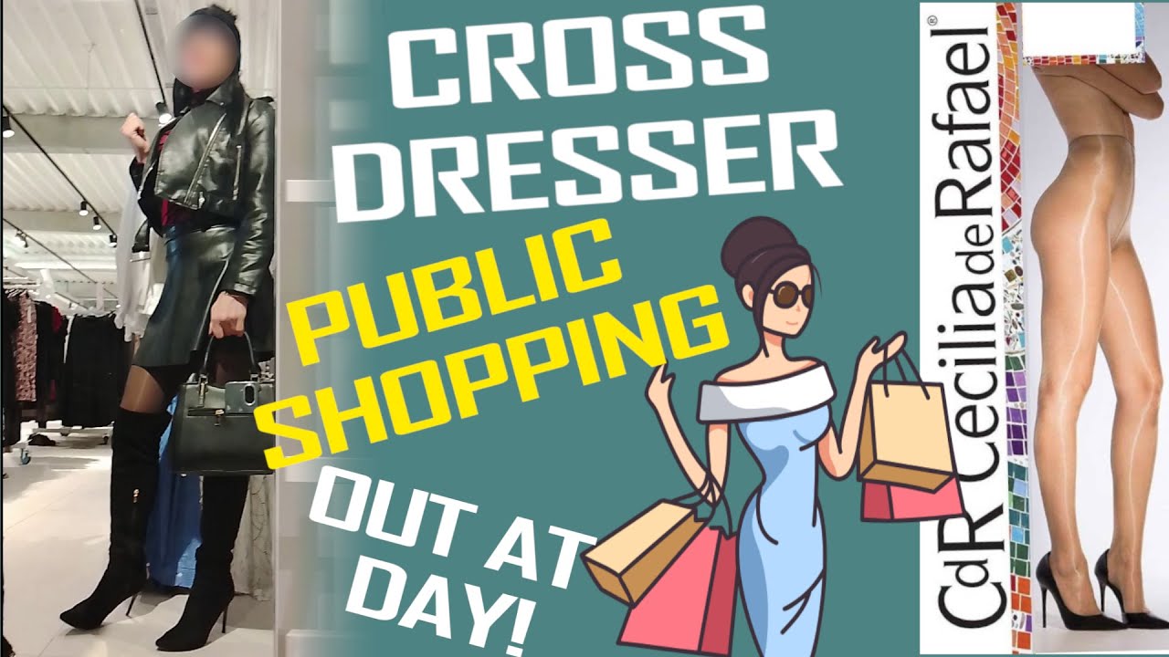 CROSSDRESSER ALEXANDA SHOPPING IN SHINY TIGHTS AND OVER THE KNEE BOOTS || T-GIRL PUBLIC IN LEATHER