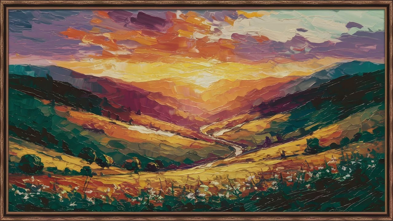 🌄 Golden Sunset | Vintage Landscape Painting | Gold Frame TV Art Screensaver for TV Wallpaper