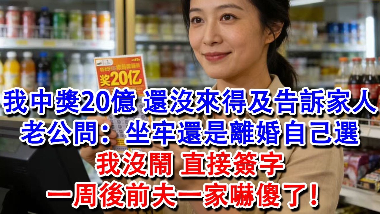 【完結爽文】我中獎20億，還沒來得及告訴家裏人。老公問：坐牢還是離婚自己選。婆婆：婉婉才是我心中的兒媳。我沒鬧，直接簽字，全家以為除掉了大麻煩。一周後前夫一家嚇傻了！#婆媳 #家庭 #情感故事