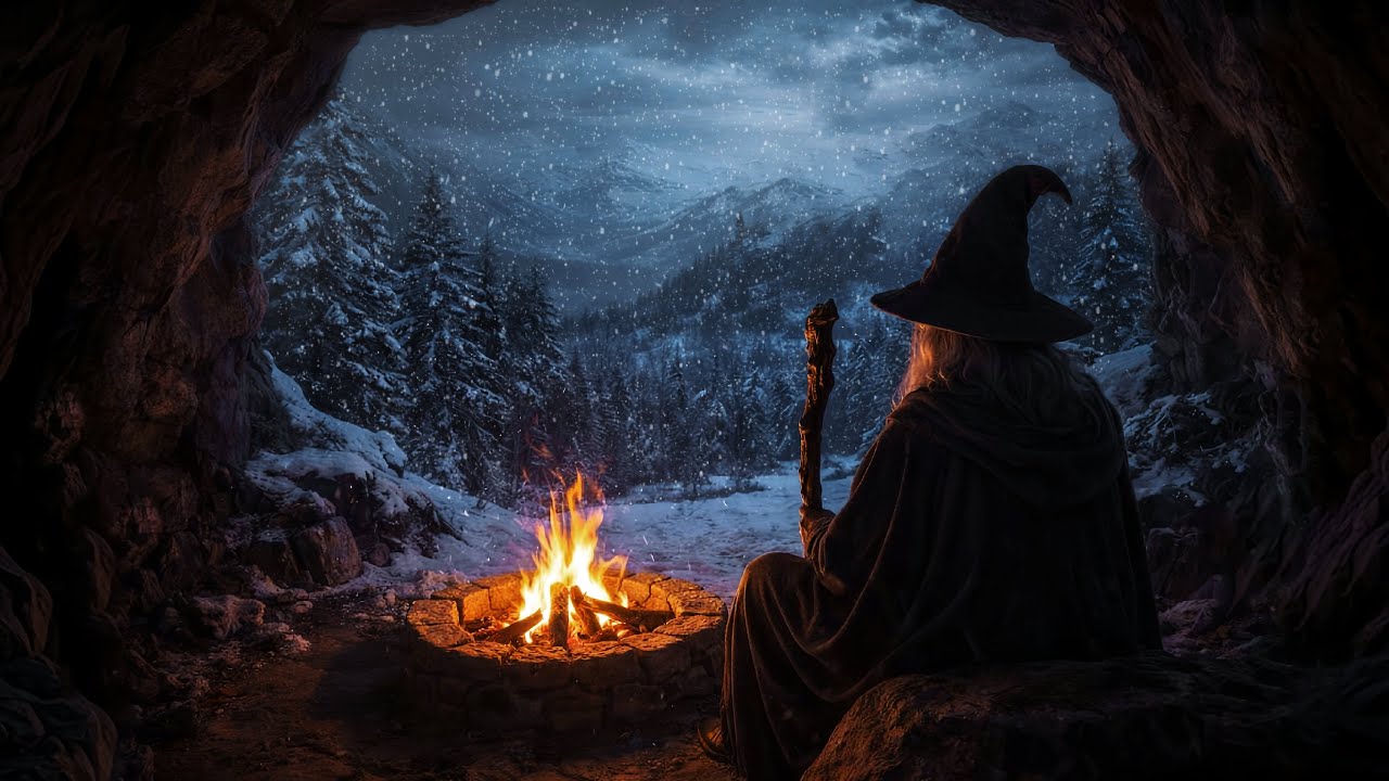 Snowy Night by the Fire | Fantasy Music & Winter Campfire Ambience for Study