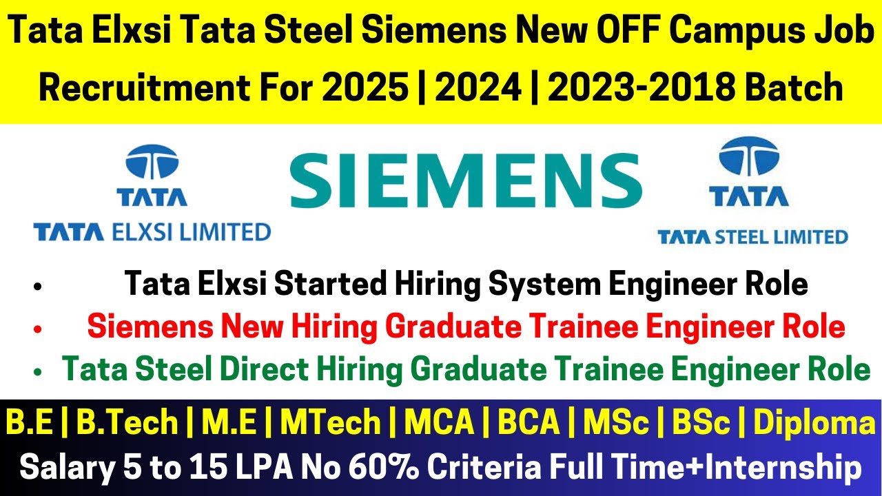 Tata Elxsi, Tata Steel & Siemens 3 OFF Campus Hiring New Job Recruitment 2025| 2024 |2023-2018 BATCH