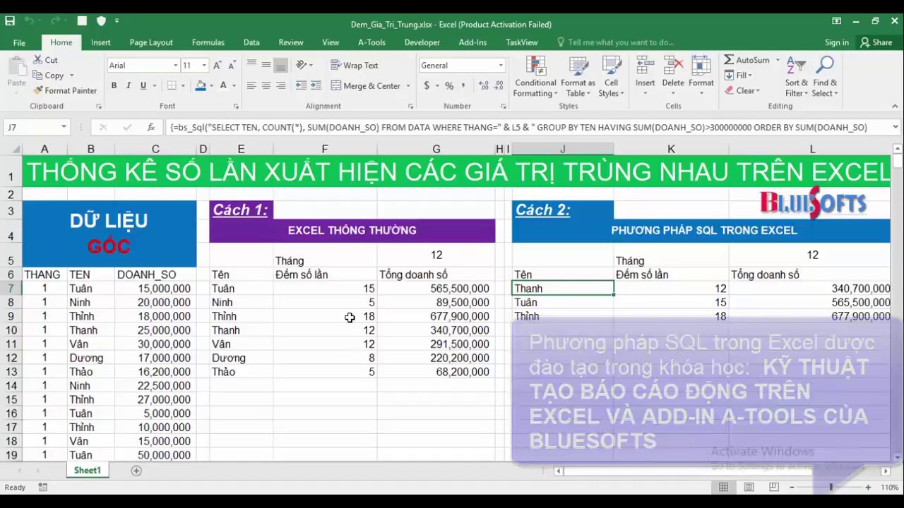 Hướng dẫn tính số lần xuất hiện giá trị trùng và lập báo cáo thống kê trên Excel