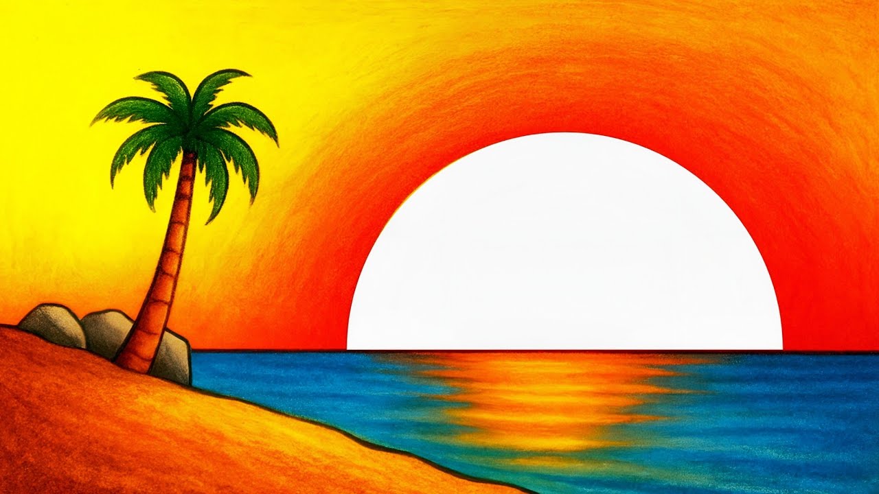 Easy Drawing Beautiful Sunset Scenery With Oil Pastel | How To Draw Easy Sunset Scenery ||
