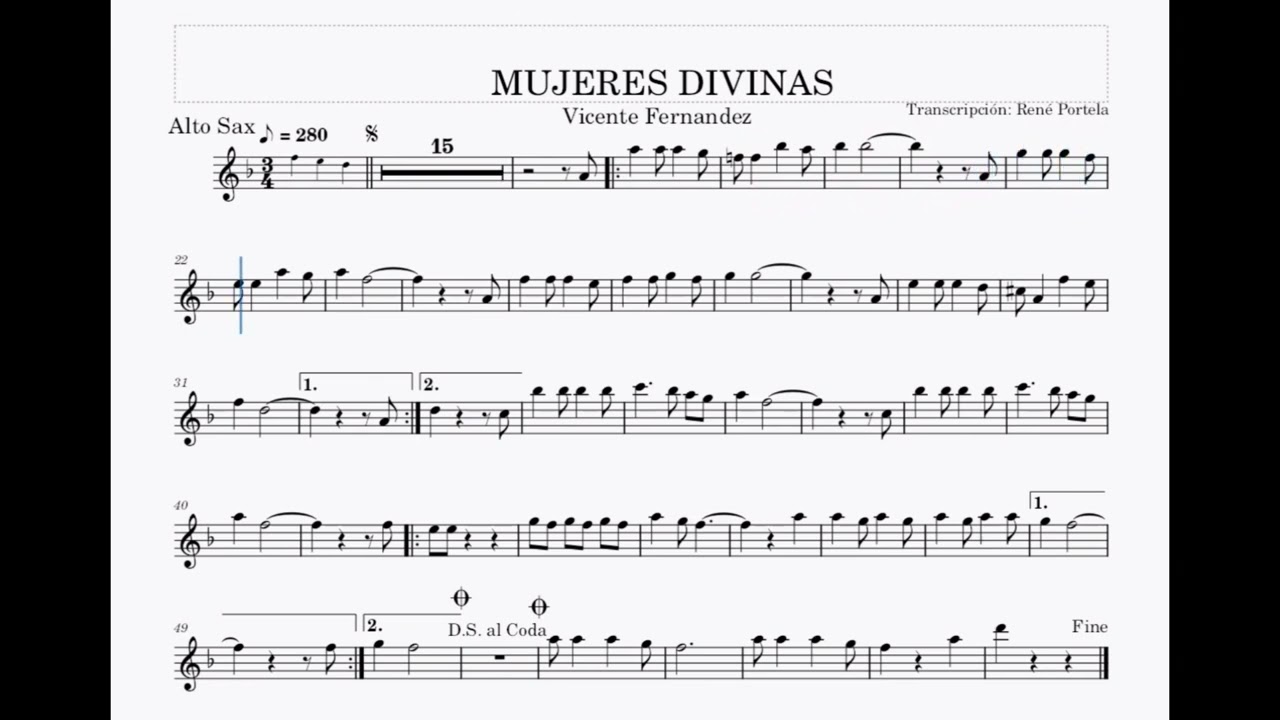 Partitura Mujeres Divinas – Vicente Fernandez – Saxofón Alto (Playback) (Instrumentos en Mi Bemol)