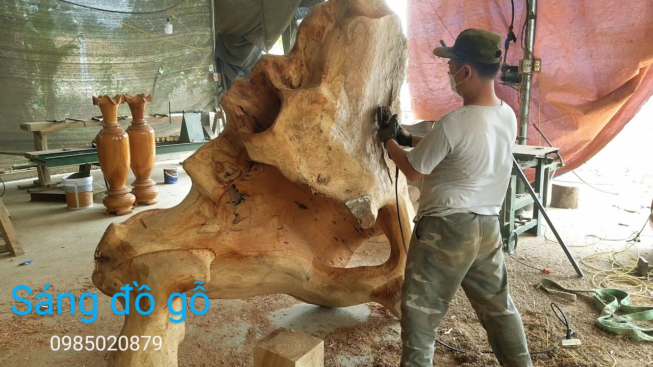 Người đàn ông làm bàn gốc cây khủng. The man makes a giant tree stump table.