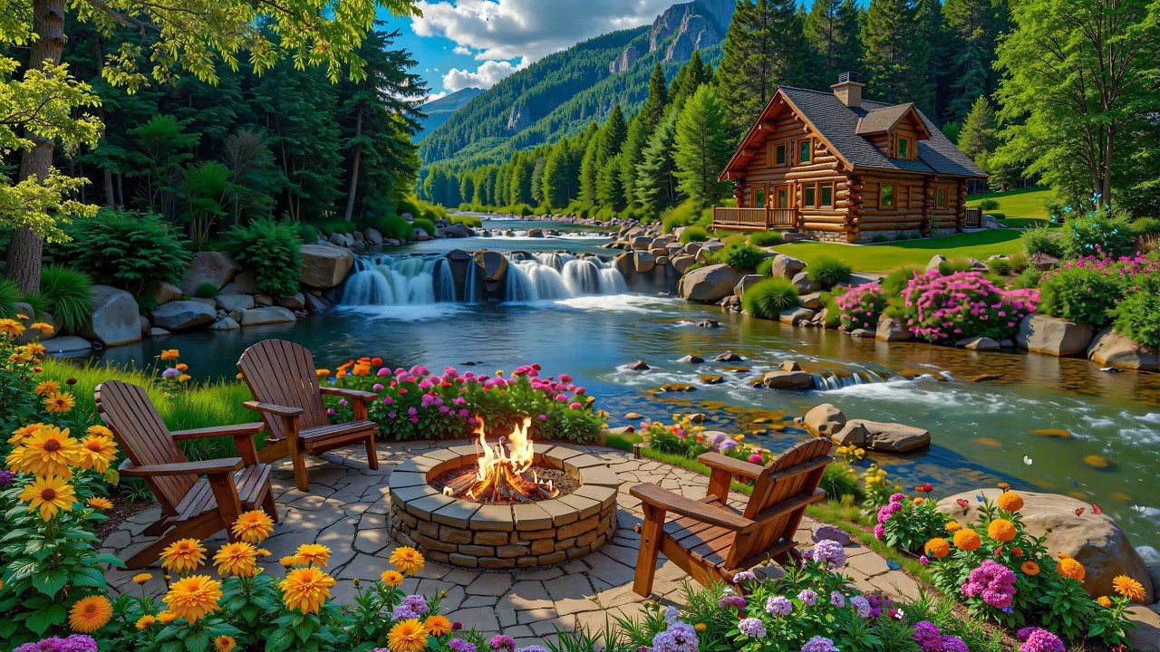 Beautiful Spring Cozy Fireplace Lakeside Room 🌺🌿 Relaxing Piano Music for Working and Studying