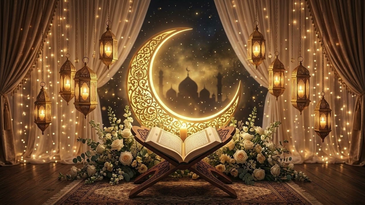 4k Golden Crescent Ramadan Ambience  Quran & Lanterns Luxury Islamic Decor
