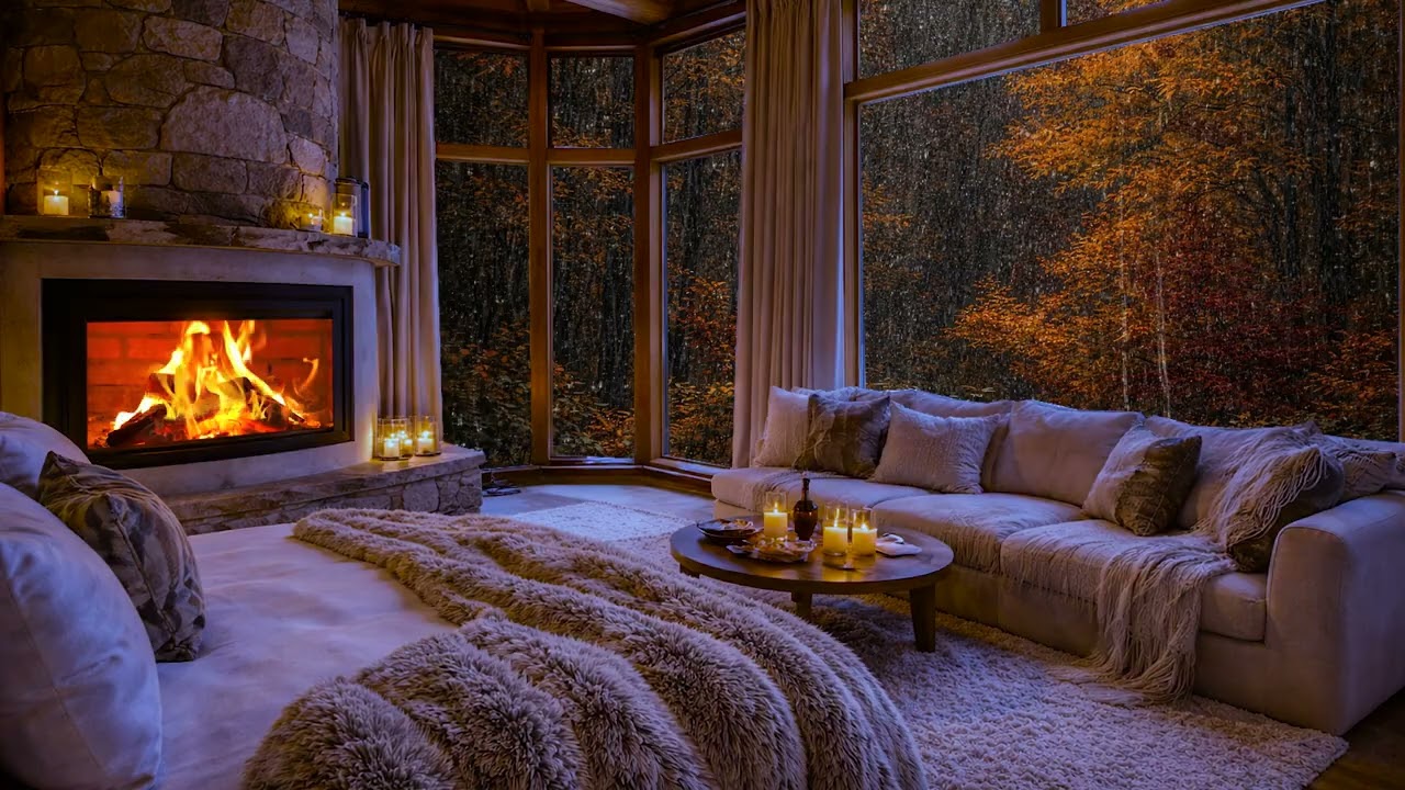 Autumn Rain & Cozy Cabin 🔥 Fireplace Inside | Relaxing Music for Calm Mind & Stress Relief