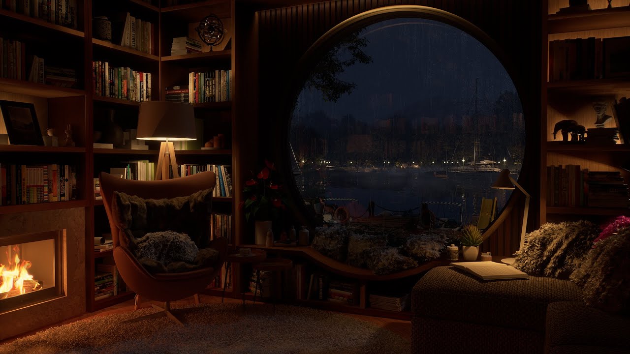 The Perfect Place To Settle When Its Raining | A Relaxing Library With Cozy & Warm Fireplace