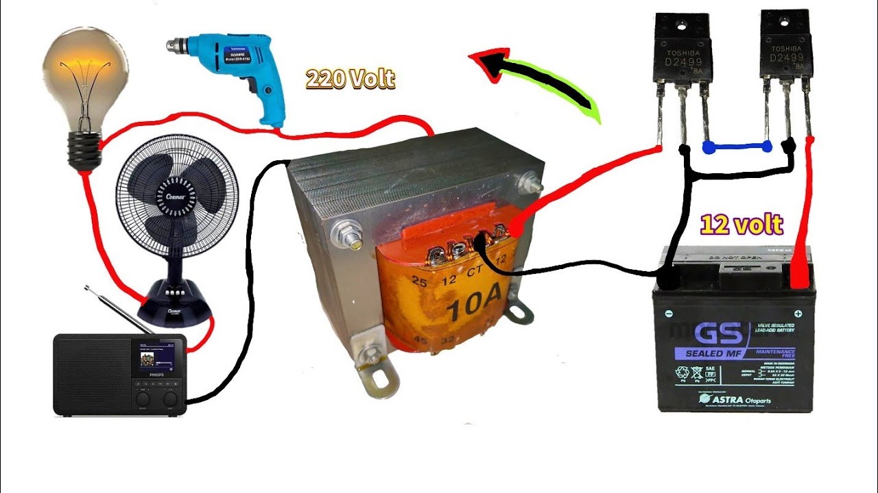Cara membuat Inverter menggunakan trafo 10A - Toshiba 2SC5200 12V to 220V